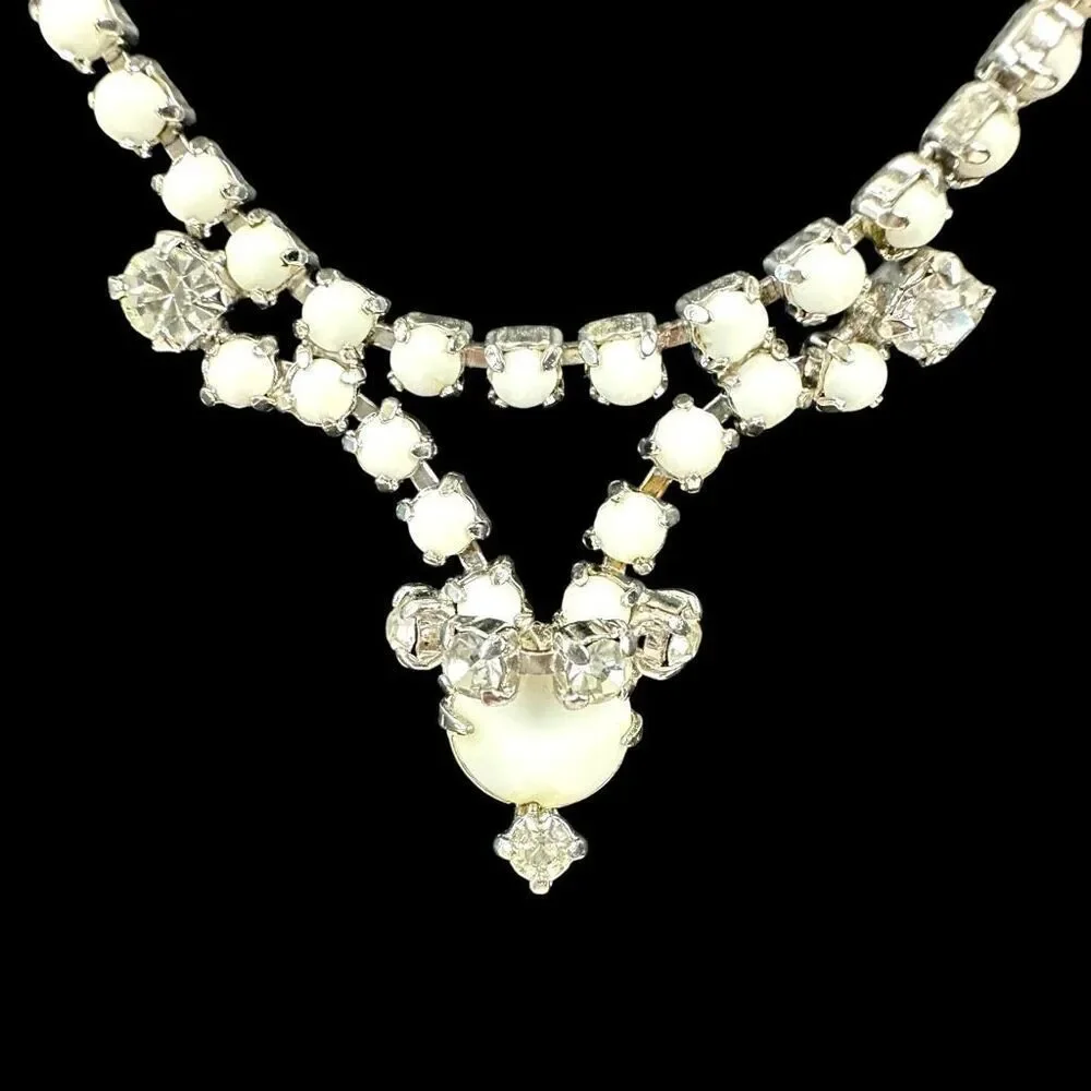 Vintage Rhinestone & Milk‎ Glass Formal Statement Necklace Clear White Sparkle